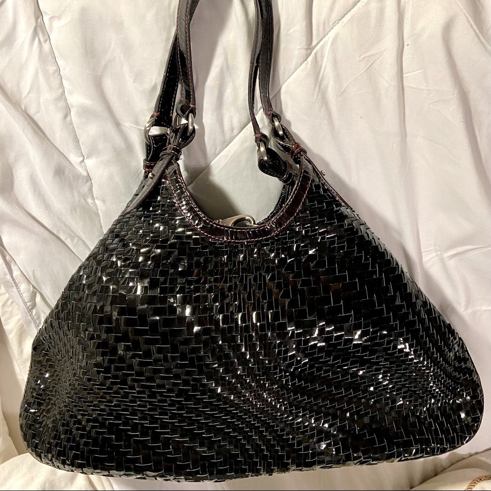 Cole Hann Pinot Noir Purple Triangle Tote Patent Leather Shoulder Handbag Purse